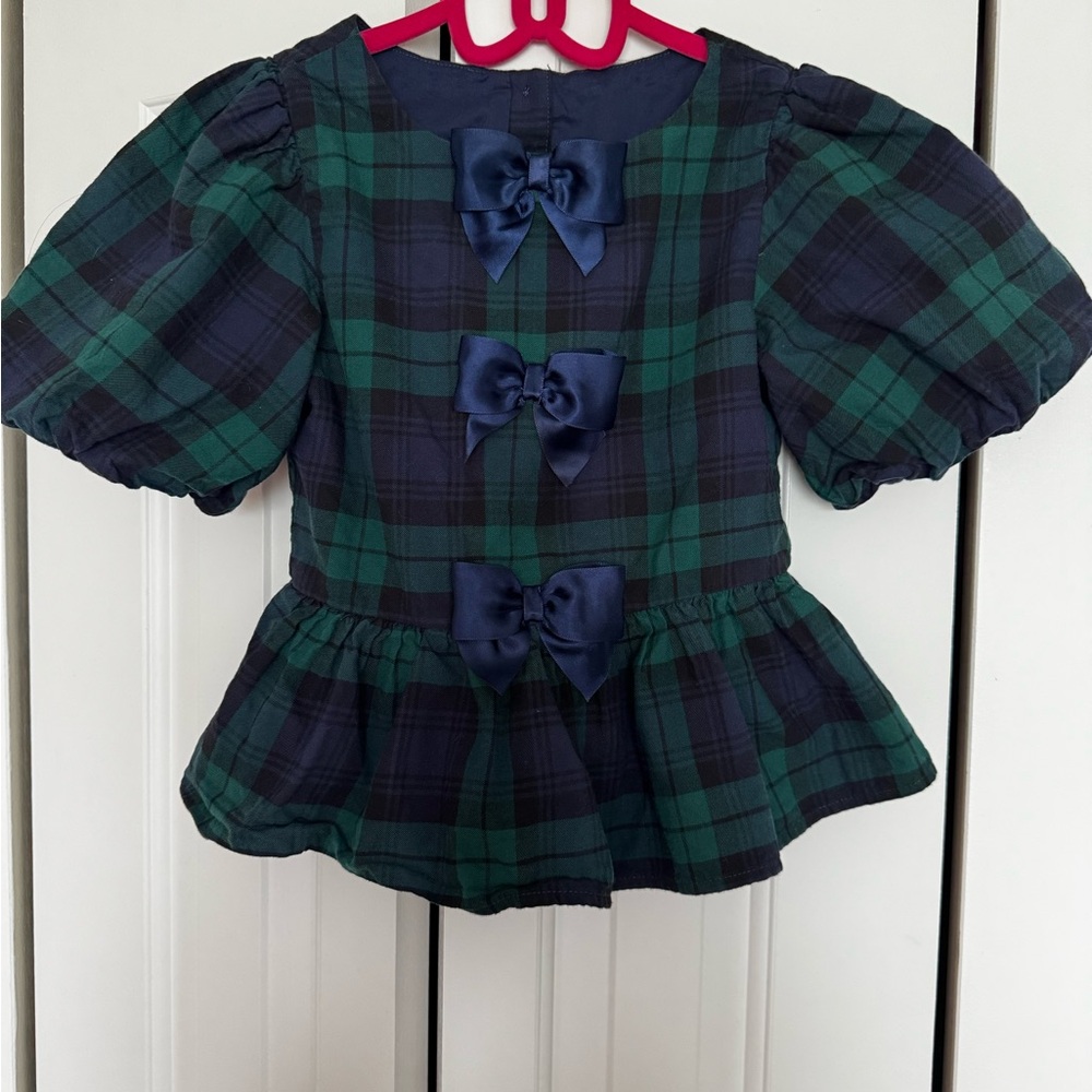 Janie and Jack Green Plaid Blouse with Navy Bows